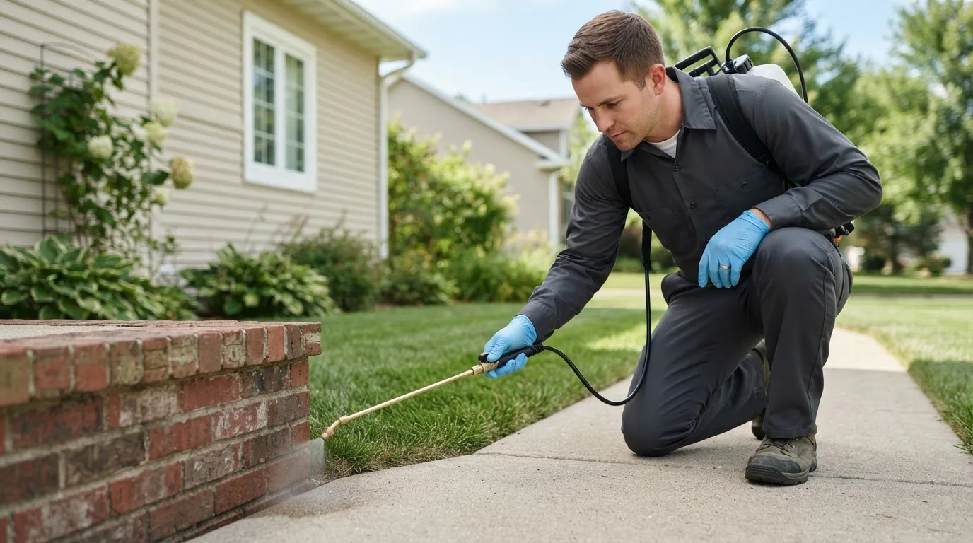 Pest control technician treating a home near The Plains, OH