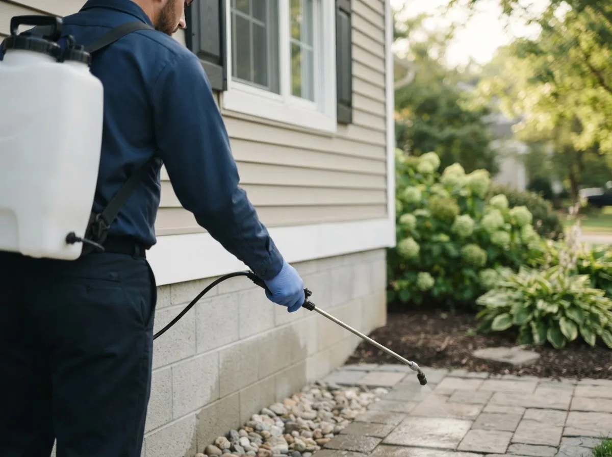Pest control technician inspecting a home in The Plains, OH